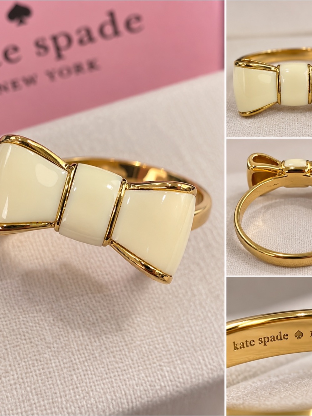 Kate Spade New York Ivory Enamel Bow Ring Gold Tone